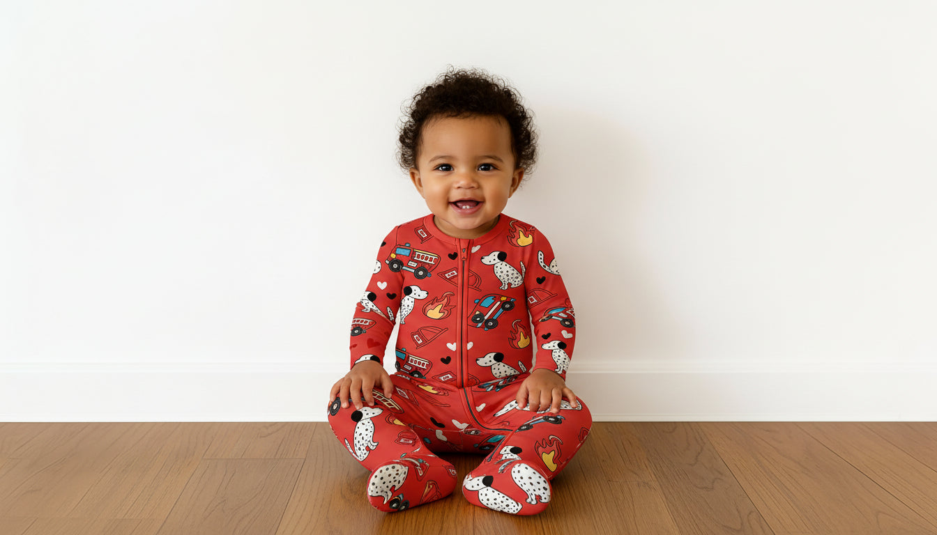 Valentine Fire Trucks, Bamboo Zipper Footie