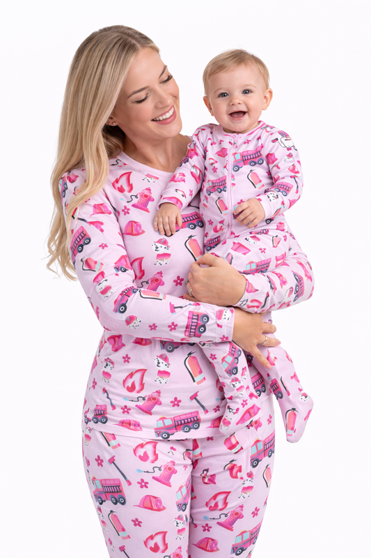 Bamboo Adult Two Piece Pajama Set, Pink Firefighter