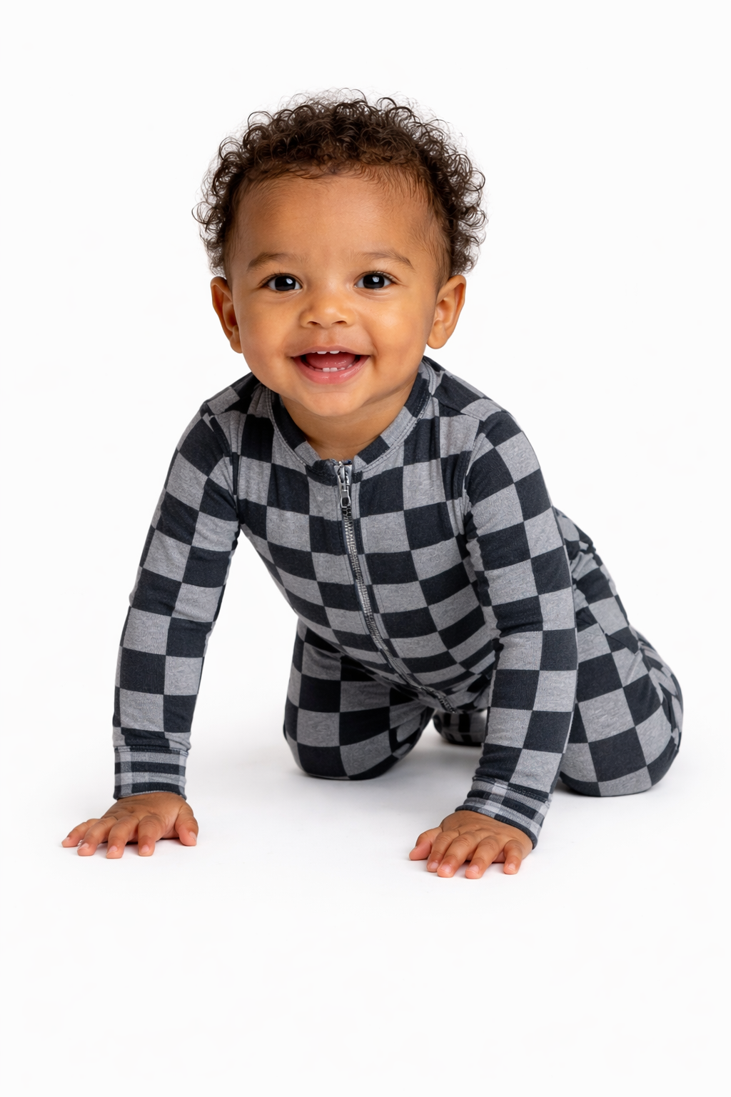 Checkered Dark Grey, Bamboo Zipper Footie