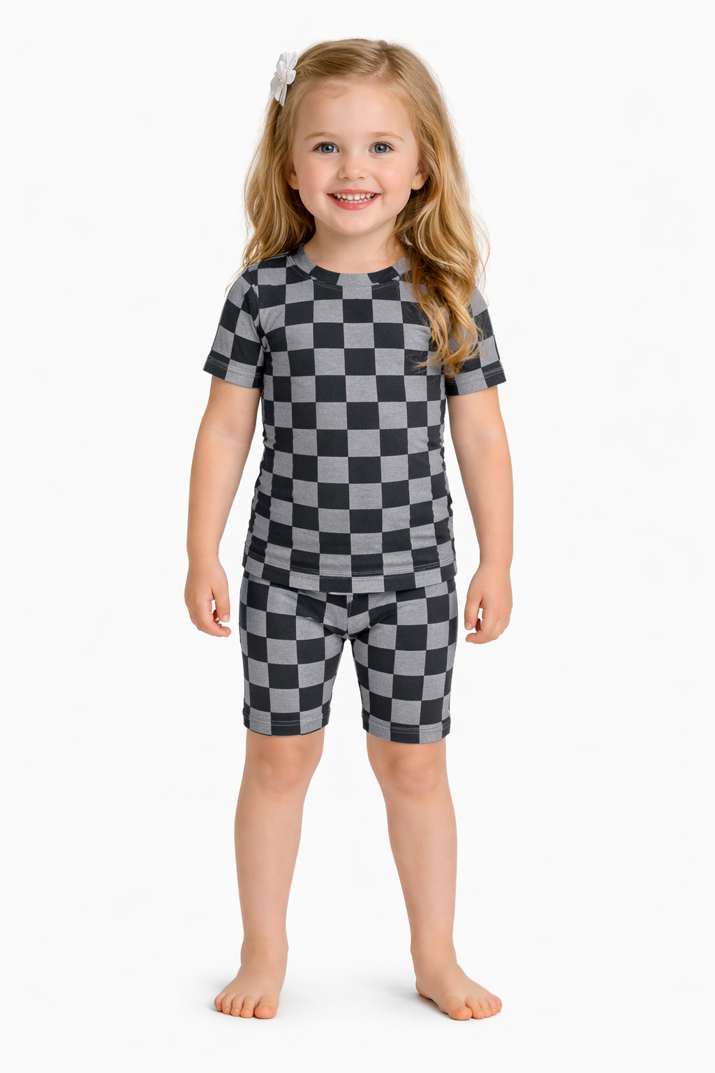 Checkered Dark Grey, Bamboo Two Piece Short Sleeve & Shorts Pajama Set