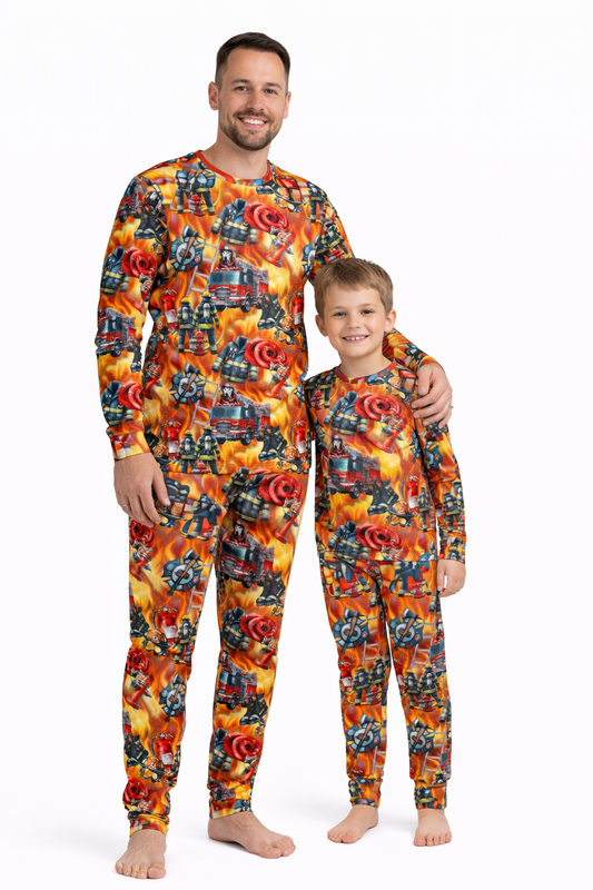 Bamboo Adult Two Piece Pajama Set, Blazing Firefighter Dalmatian