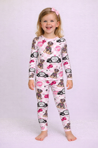 Bamboo Two Piece Pajama Set, Pink Police