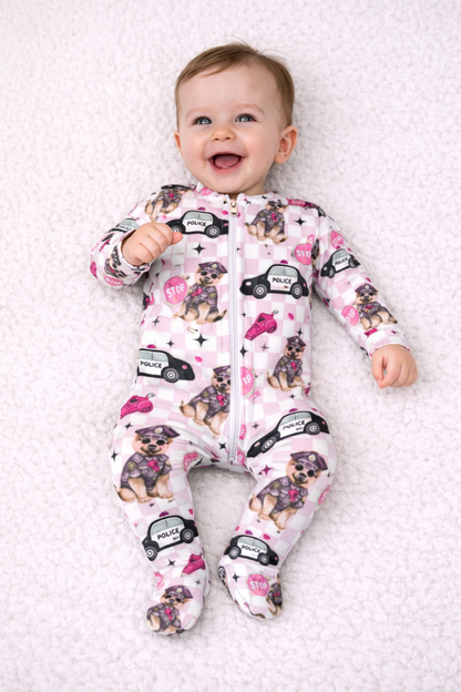 Bamboo Zipper Footie, Pink Police