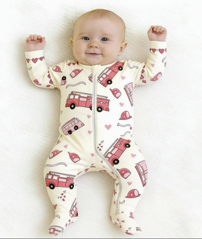 Valentine Pink Fire Trucks, Bamboo Zipper Footie