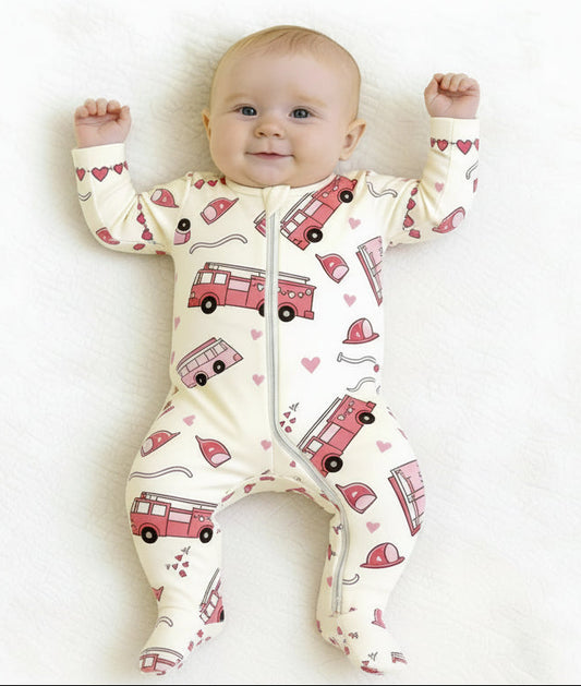 Valentine Pink Fire Trucks, Bamboo Zipper Footie