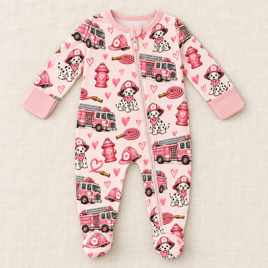 Valentine's Pink Firefighter Dalmatian Zipper Footie