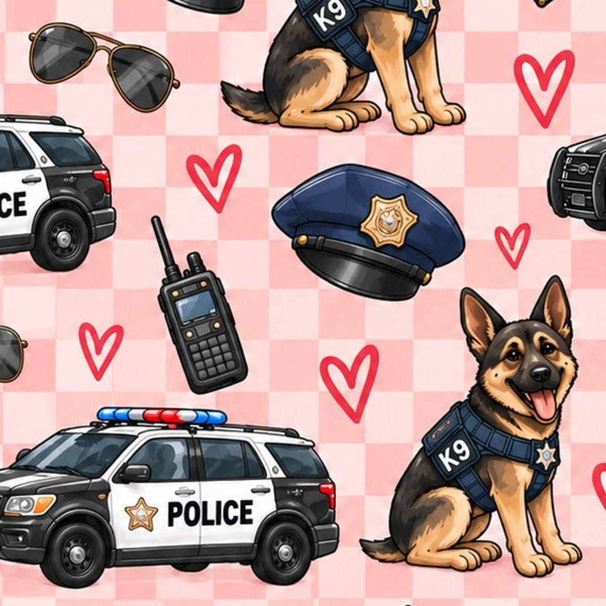 Close-up of the Valentine's Police K9 Gingham print