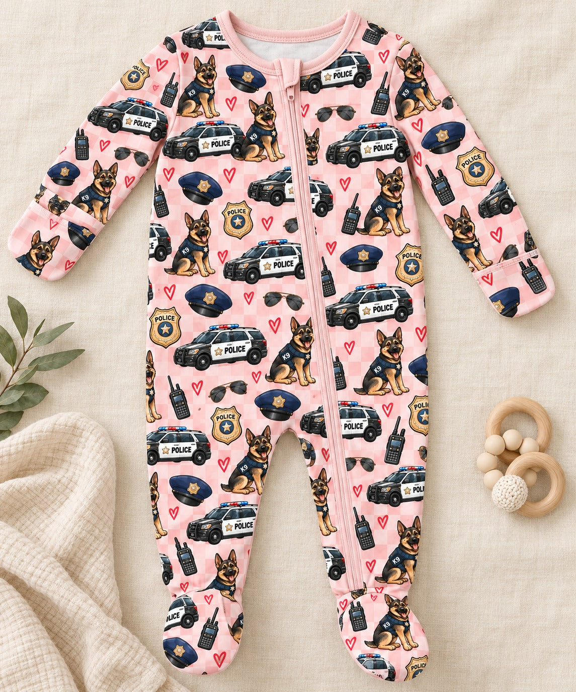 Valentine's Police K9 Gingham zipper footie in light pink gingham