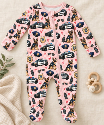 Valentine's Police K9 Gingham zipper footie in light pink gingham