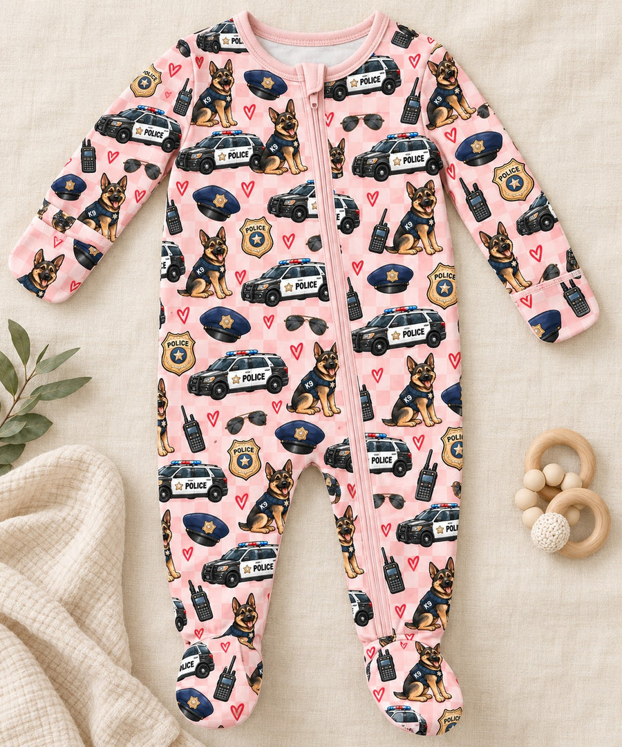 Valentine's Police K9 Gingham Zipper Footie