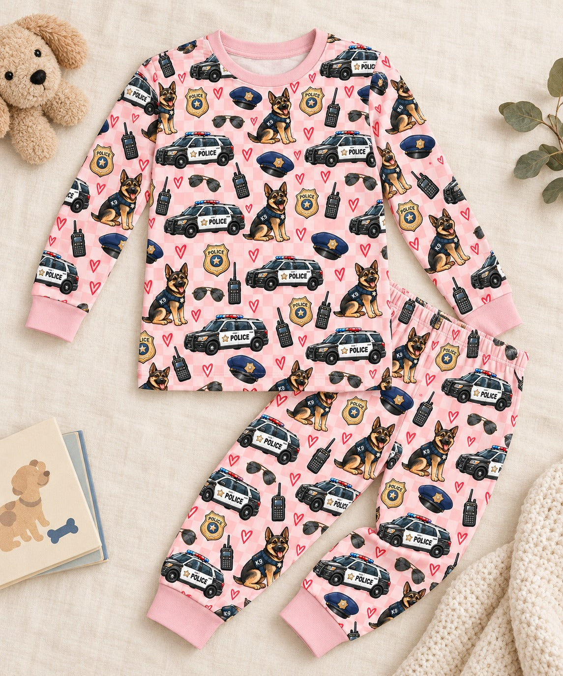 Valentine's Police K9 Gingham kids two-piece pajama set in light pink gingham