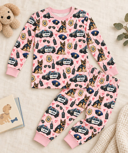 Valentine's Police K9 Gingham kids two-piece pajama set in light pink gingham